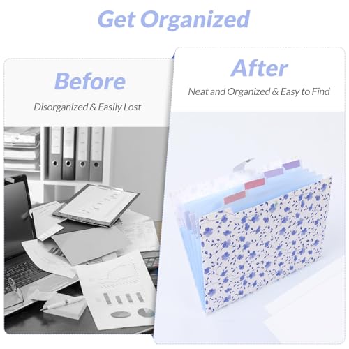 SKYDUE Expanding File Folder with 5 Pockets, Floral Accordion File Organizer for Important Document, Portable Receipt Paper Organizer, School Office Supplies,Blue - color: White Blue