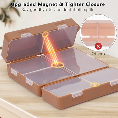 FYY 2 Pcs Daily Pill Organizer, 7 Compartments Portable Pill Case Travel Pill Organizer,[Folding Design] Pill Box for Purse Pocket to Hold Vitamins,Cod Liver Oil,Supplements and Medication-Brown - color: Brown, size: Large (1 Piece), Small (1 Piece)