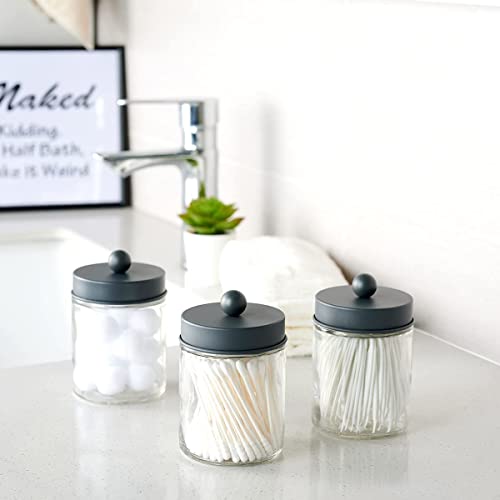 Amolliar 4 Pack Apothecary Jars Bathroom Vanity Storage Organizer Set -Countertop Canister with Stainless Steel Lids &Cute Stickers - Qtip Dispenser Holder for Qtips,Cotton Swabs,Makeup Sponges (Grey) - color: Grey