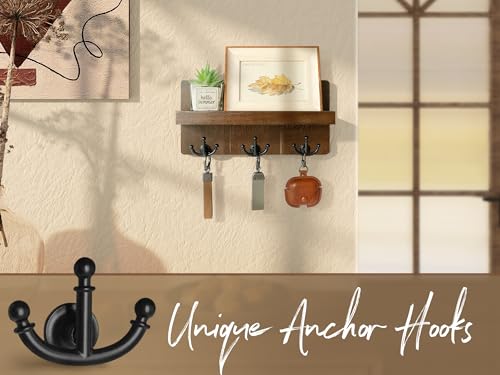 Rebee Vision Farmhouse Key Holder for Wall with Shelf: Decorative Mail Organizer and Key Rack Wall Mount with 3 Anchor Hooks - Rustic Entryway Decor (Retro Brown) - color: Brown