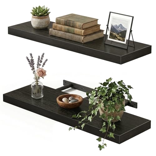 Fixwal Black Floating Shelves for Wall, 22" Long Wall Mounted Rustic Wood Shelves for Living Room, Bedroom, Bathroom and Kitchen, Wall Shelves for Storage, Books, Room Decor Set of 2 - color: Black, size: 22in