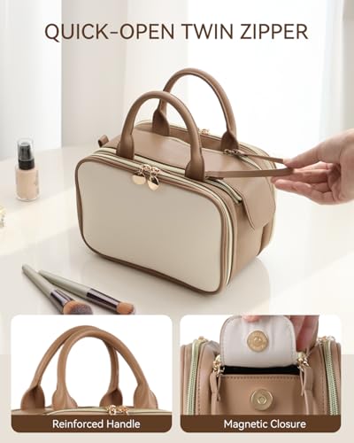 Prite Makeup Bag for Women, Large Capacity Waterproof Travel Cosmetic Organizer, Portable Open Flat Toiletry Bag with Free-standing Brush Holder and Handle(Beige Brown Large) - color: Beige-Brown, size: Large