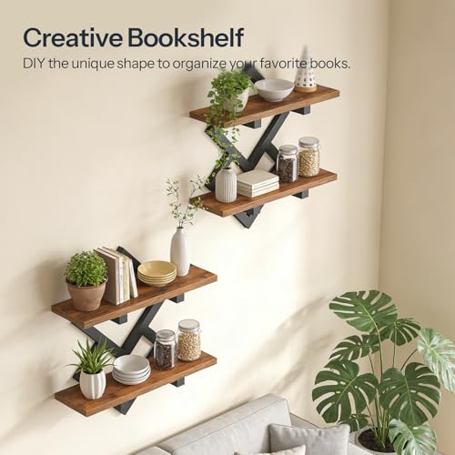 HOOBRO 15" Floating Shelves for Wall, Set of 2 Wall shelf, 2-Tier Hanging Shelves, Wall Mounted Storage Shelf, Display Rack, for Living Room Bedroom Kitchen Bathroom, Rustic Brown and Black BF14BJP201 - color: Rustic Brown + Black