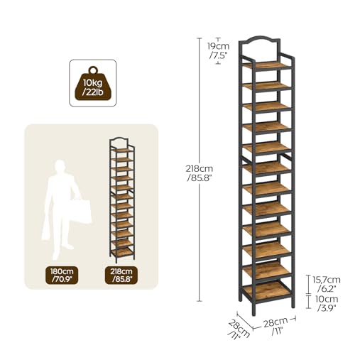 YATINEY 12-Tier Tall Shoe Rack, Vertical Shoe Organizer for Small Spaces, Wooden Shoe Shelf for Entryway, Space Saving Shoe Storage, Holds 12 Pairs of Shoes, Rustic Brown and Black SS52BR - color: Rustic Brown + Black, size: 11" x 11" x 85.8"