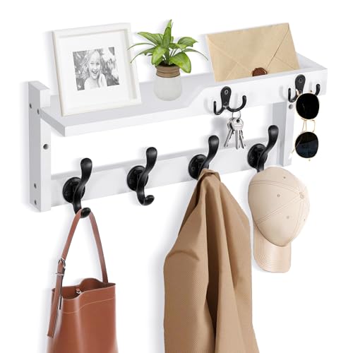 dreampossible Coat Rack Wall Mount with Shelf, Coat Hanger Wall Mount with Key Hooks and Mail Holder, Wood Entryway Floating Shelf with Hooks and Storage, Hat Rack for Wall Key Holder Mail Organizer - color: White, size: 16.6 Inch Long