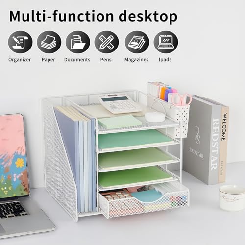 Desk Organizer with Drawer and Pen Holder, 5-Tier Paper Letter Tray Organizer with File Holder, Suitable for Workspace Organizer Office Supplies Storage (White) - color: White
