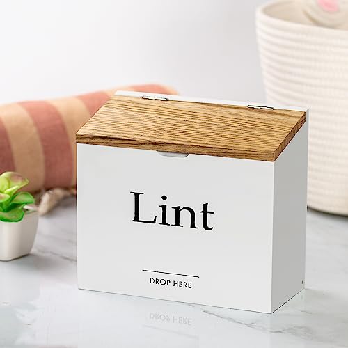 Magnetic Lint Bin for Laundry Room - Compact Size, Wooden Dryer Lint Bin with Lid - Rustic Lint Box, Magnetic Bin - Modern Farmhouse Laundry Room Decor, White with Torched Lid - color: White with Torched Lid