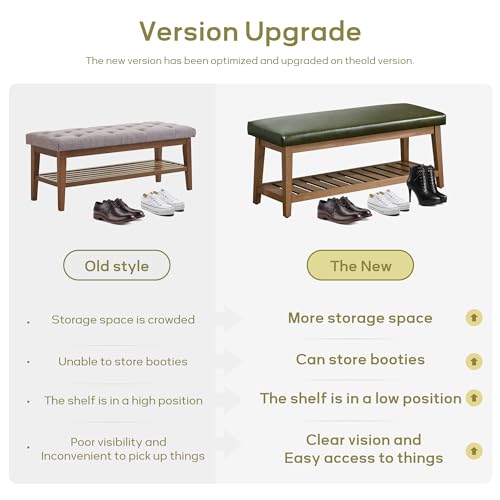 HUIMO Entryway Shoe Bench with Cushion, End of Bed Bench,Upholstered Bench for Kitchen, Bench with Solid Wood Shelf, Leather Ottoman Bench for Hallway, Living Room (PU-Green) - color: Pu-green