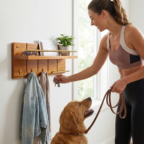 15.7" Teak Wood Key Hooks for Wall, Solid Wood Key Holder Wall Mount, Decorative Mail Organizer with Key Rack and Shelf, Rustic Home Decor for Entryway Living Room Bathroom Bedroom (Large Size) - size: 15.7 inch