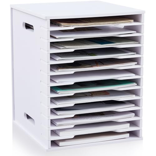 Juexica 12 Tier 8.5" x 11" Scrapbook Paper Organizer, White Cardstock File Organizer with Adjustable Shelves, Stackable Paper Trays, Desktop Storage Rack Document Holder for Desk Home Office - style: 12 Tier