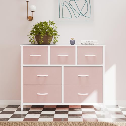 OLIXIS 7 Drawers Dresser for Bedroom, Fabric Storage Tower for Living Room, Entryway - Sturdy Steel Frame, Wooden Top and Easy Pull Fabric Bins, Closet Chests Organizer for Clothes,Pink - color: Pink, size: 11.8"D x 39.4"W x 30"H (7 Drawers)