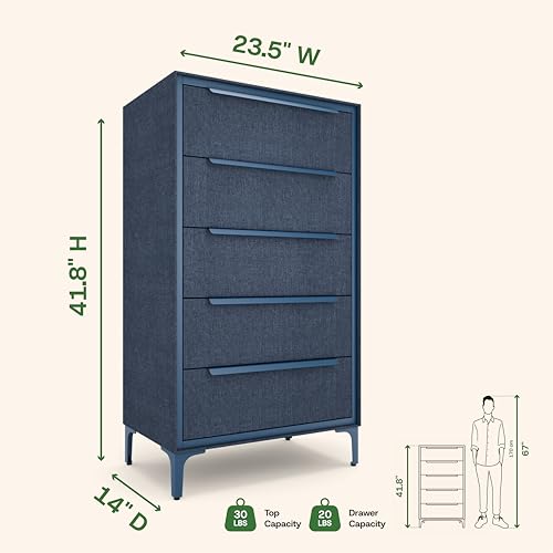 tinge Naima Premium Fabric Dresser - Strong Metal Frame, 5 Spacious Sag-Proof Drawers with Sleek Metal Handles - Premium & Durable Storage Solution for Your Home (Navy) - color: Ocean Blue (Navy), size: 14"D x 23.5"W x 41.8"H (5 Drawers)
