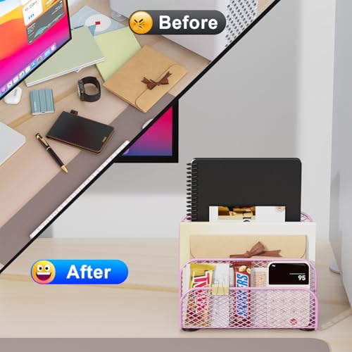 gianotter Mail Organizer Countertop, Metal File Holder with 3-Slot, Pink Desk Accessories for Women Office (Pink) - color: Pink