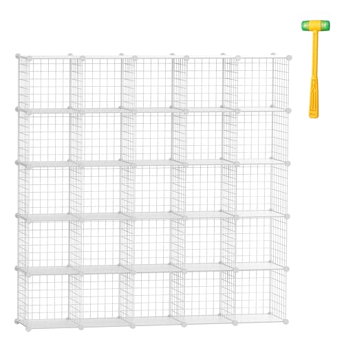TUMUCUTE Cube Storage Organizer, Metal 25-Cube Shelves Bookshelf, Portable Closet Clothes Organizer for Bedroom, Home, Office, White - color: White Plus Iron, size: 25 Cubes