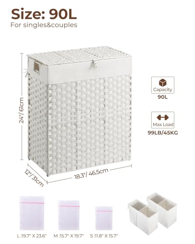 Greenstell Laundry Hamper with 2 Removable Liner Bags，90L Divided Clothes Hamper, Handwoven Synthetic Rattan Foldable Laundry Basket with Lid and Handles White (18.5 x 13.3 x 24.0Inches) - color: White, size: 90L (18.3x13.3x24.0 Inches)