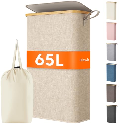 Lifewit 65L Slim Laundry Hamper with Lid, Narrow Laundry Basket with Removable Bag & Bamboo Handles, Fodable Thin Dirty Clothes Hamper for Laundry Collapsible Bin for Bathroom Bedroom Dorm, Beige - color: Beige, size: 65L