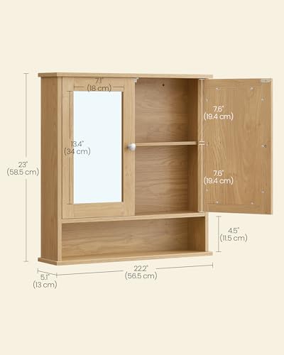 VASAGLE Bathroom Cabinet with Mirror, Wall Cabinet with 2 Mirrored Doors, Adjustable Shelf, Open Compartment, Wall-Mounted, 5.1 x 22.2 x 23 Inches, Natural Oak ULHC003Y01 - color: Natural Oak, size: 5.1"D x 22.2"W x 23"H