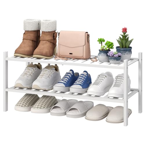 viewcare White Shoe Rack for Entryway, 2 Tier Shoe Organizer for Hallway Closet, Bamboo Wood Shoe Racks for Indoor Outdoor (White, 2-Tier) - color: White, size: 2-Tier