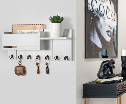 RelaxScene Key Holder Wall Mount - Decorative Key Rack and Mail Organizer with 7 Key Hooks - Wooden Key Hanger with Shelf for Living Room Decor - Rustic Farmhouse Home Entryway Aesthetic Essentials - color: White, size: L(13.8''x6'')