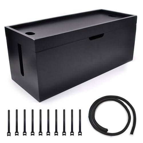 15 inch Bamboo Large Cable Management Box, Cable Box Organizer Cord Box Hider - Power Strip Box Hider Cable Storage Box for Office, TV Wires, Desk Cord Organizer, No Assembley Required, Bamboo (Black) - color: Black