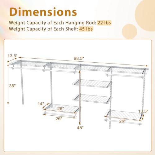 Tangkula 4 to 8 FT Custom Closet System, Wall Mounted Closet with Hanging Rod, Metal Hanging Storage Organizer Rack Wardrobe with Shelves, Adjustable Closet System Kit for Bedroom (White) - color: White, size: 4 to 8 FT