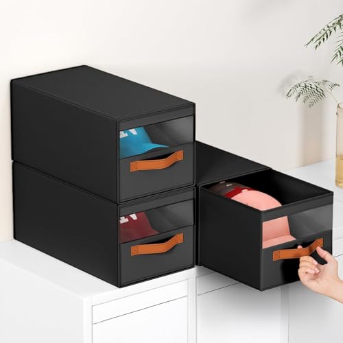 DIMJ Closet Organizers and Storage - Fabric Bins with Drawers for Closet Foldable Clothes Organizers with Clear Window, Stackable Storage Drawers Units for Hat, 4-Pack, Black - color: Black, size: ML - 4 Pack