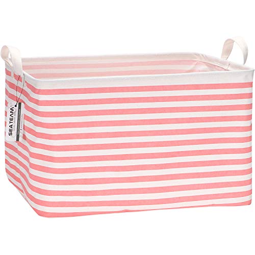 Sea Team Collapsible Canvas Fabric Storage Basket with Handles, Rectangle Waterproof Storage Bin, Box, Cube, Foldable Shelf Basket, Closet Organizer, 16.5 x 11.8 x 9.8 Inches, Pink Stripe - color: Stripe/Pink, size: 16.5 Inch (Pack of 1)