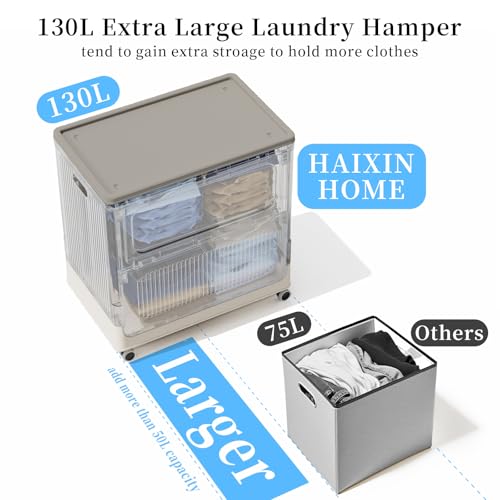 HAIXIN HOME Rolling Laundry Hamper with Lid, 130L Large Clothes Hampers for Laundry, Plastic Collapsible Laundry Baskets with Wheels and Lid, Install-Free & Easy to Transport to Laundry Room (2 Pack) - color: Milky, size: 130L - 2 Pack