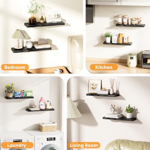 Floating Shelves for Wall Rustic Farmhouse 24 Inch Floating Shelf Bathroom Wooden Shelves for Wall Mounted Live Edge Pine Shelf with Unique Natural Grain for Living Room Bedroom Kitchen (Black) - color: Black, size: 24 inch - 2pcs