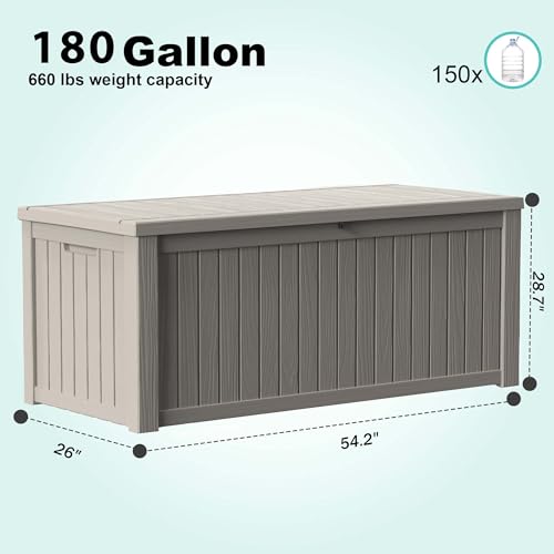 180 Gallon Outdoor Deck Box, Lockable Waterproof Outdoor Storage Boxes For Garden Tools,Indoor Cushions,Accessories Outside Storage Resin Weatherproof Container(Grey) - color: Grey, size: 180 Gallon