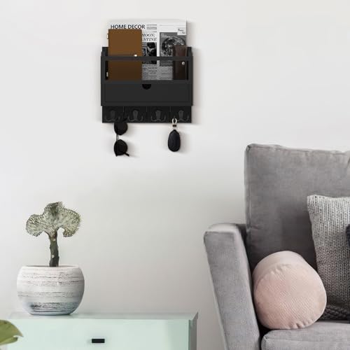 Nekon Mail Organizer with Drawer for Wall, 12"W x 10"H x 3.1"D Mail Sorter Wall Mounted, Wooden Key Holder Wall File Organizer Letter Sorter for Letter Magazines (Black) - color: Black