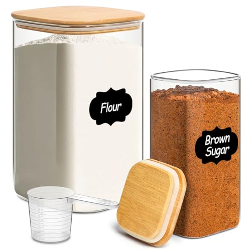 Glass Flour Sugar Storage Containers with Bamboo Lids & Measuring Scoop (1.6Qt/4.6Qt) - Wide Mouth Pantry Storage Containers for Kitchen Counter, Pantry Organization & Baking Essentials 2 pack - size: 2 pack（1.6/4.6 qt）