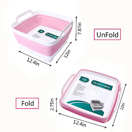 FOSJGO 2.4 Gal(9L) Collapsible Dish Basin with Drain Plug,Space Saving Multiuse Foldable Sink Tub,Dishpan,Kitchen Sink for Camping,Plastic Tub,Vegetable Washing,RV… - color: Pink