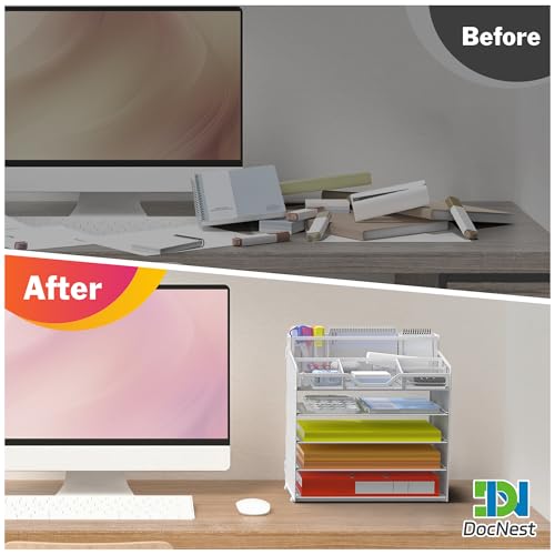 Docnest 5 Tier Mesh Desk Organizer for Paper Office Supplies – Multi-Functional Letter Tray with 5 Adjustable Compartments, 3 Pen Holders, Desktop Storage for Files, Mail, Stationery – White - color: White, size: 12.7" x 9.1" x 13.2"