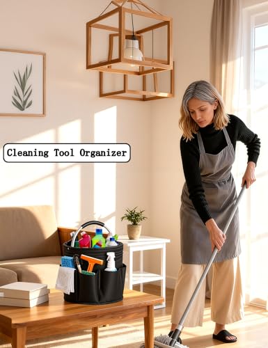 Cleaning Caddy with Handle, Cleaning Products Organiser, Foldable Storage Basket, Large Supply Organiser 17L with 6 Pockets, Portable Cleaning Caddy for Home & Garden (Black) - color: Black