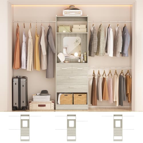 Unikito 8FT Closet System, Customizable 96” Closet Storage Organizer with 25” Tower and 3 Extendable Hanging Rods (Can Be Cut to Fit), Heavy Duty Clothing Racks with 4 Drawers and Shelves, White Oak - color: White Oak