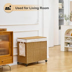 Handwoven Hamper with Lid, Laundry Basket with Wheels, Machine Washable Liner, 3 Section Clothes Hamper for Bathroom Laundry Room Bedroom, Rattan, 165L - color: Rattan/With Lid/165L