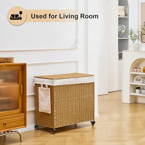 Handwoven Hamper with Lid, Laundry Basket with Wheels, Machine Washable Liner, 3 Section Clothes Hamper for Bathroom Laundry Room Bedroom, Rattan, 165L - color: Rattan/With Lid/165L