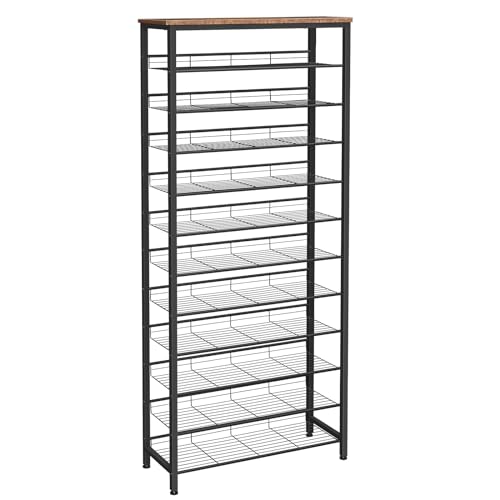 HOOBRO Shoe Rack for Entryway, 12-Tier Shoe Storage Organizer, Large Capacity for 33-36 Pairs of Shoes, Standing Shoe Shelf, Closet, Hallway, Adjustable Mesh Shelves, Rustic Brown and Black BF51XJ01
