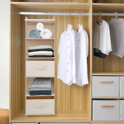 Large Hanging Sweater Organizer for Closet,Collapsible 6-Shelf Hanging Closet Shelves with Drawers, Washable (Beige -5 Shelf-2 d) - color: Beige, size: 5 Shelf with 2 drawers