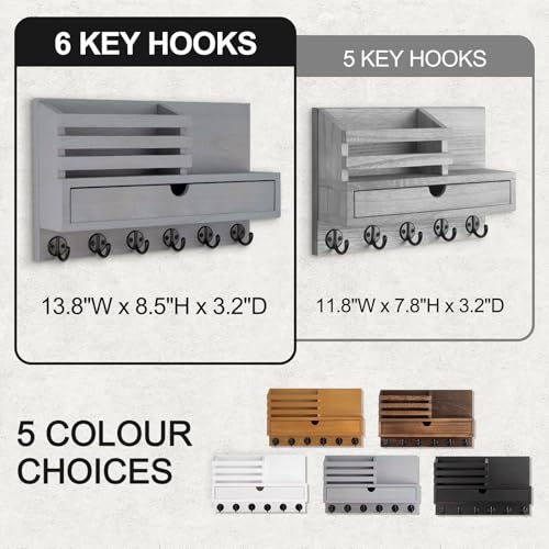Key Holder Wall Mount, Mail Holder with Storage Drawer and 6 Key Hooks for Coat, Dog Leash, Home Decor Rack, House Accessories, Entry Way Organizer - color: Gray, size: Large - 13.8 Inch