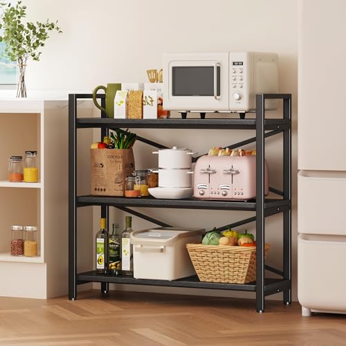 Homeiju 3 Tier Bookshelf 31.49" Width, Wood and Metal Etagere Bookcase, Vintage Farmhouse Modern Wooden Big Book Shelf for Home Living Room Bedroom Office Storage(Black) - color: Black 1, size: 3 Tier - 31.5" W