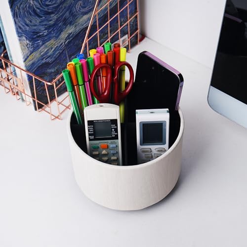 Round Leather Art Supply Organizer,Remote Control Holder,360 Degree Spinning,Multi-Functional Pencil Holder,4 Compartments Desktop Stationary Organizer(1-Thin Wood White) - color: 1-Thin Wood White