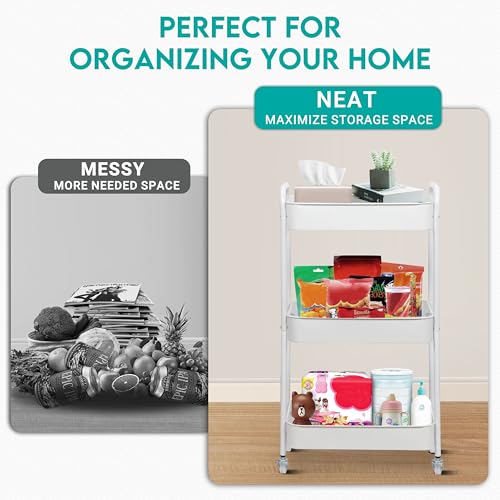 ZOES HOMEWARE 3 Tier Rolling Cart, Metal Utility Cart with 4 Hooks, Rolling Storage Cart on Wheels, Small Organizer Cart for Nursery, Kitchen, Living Room, Bathroom, White - color: White