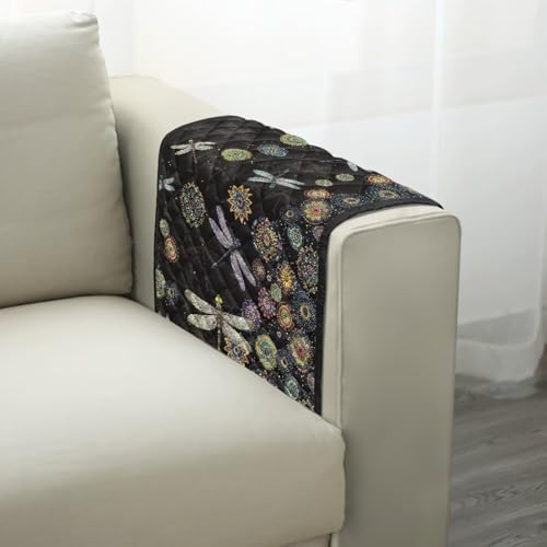 Boho Mandala Dragonfly Print Sofa Armrest Organizer, Couch Armrest Cover for Recliner with Side Pocket Stain Resistant Armchair Slipcover for Couch, Remote Controls Holder - color: Boho Mandala Dragonfly