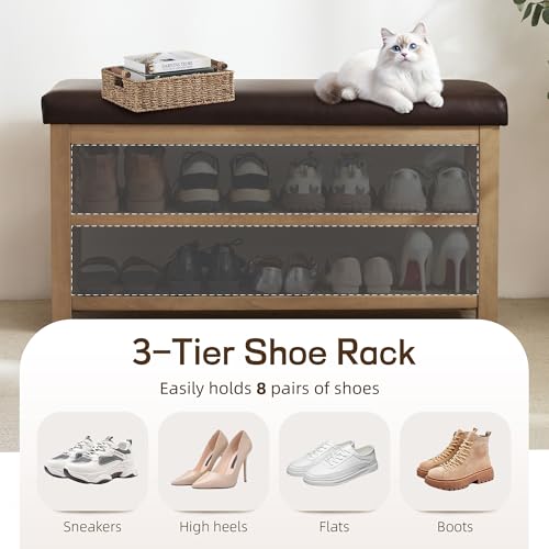 Zihanhome Shoe Rack Bench with Leather Cushion, 2 Tier Solid Wood Storage Bench, Mid-Century Modern Shoe Bench for Entryway, Hallway, Closet, Front Door Entrance, Foyer (Dark Brown, 39.4") - color: Dark Brown, size: 39.4"