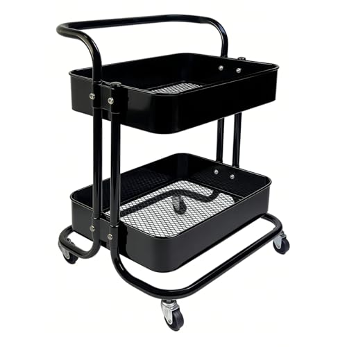 2 Tier Rolling Utility Cart with Wheels All-Metal Short Pantry Cart Under Desk Storage Trolley with Handle, Small Rolling Storage Shelf for Small Space Kitchen Laundry Room Bathroom, Black - color: C-black