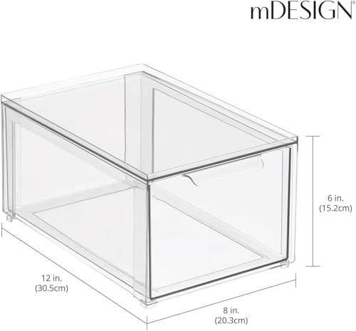 mDesign Plastic Stackable Bathroom Storage with Pull Out Bin Organizer Drawer for Cabinet, Vanity, Shelf, Cupboard, Cabinet, or Closet Organization - Lumiere Collection - Clear - size: 8 x 12 x 6 (Pack of 1)