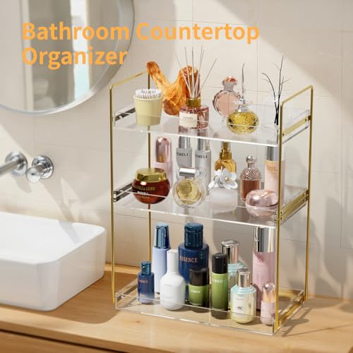 Bathroom Countertop Organizer, 3 Tier Acrylic Tray Vanity Counter Skincare Organizer Shelf, Kitchen Under Sink Standing Rack, Home Storage Holder for Lotion Makeup Cosmetics Perfume Spice, Gold | Vanity Counter, Kitchen Under Sink, Home Storage Holder, fo