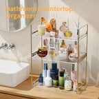 Bathroom Countertop Organizer, 3 Tier Acrylic Tray Vanity Counter Skincare Organizer Shelf, Kitchen Under Sink Standing Rack, Home Storage Holder for Lotion Makeup Cosmetics Perfume Spice, Gold | Vanity Counter, Kitchen Under Sink, Home Storage Holder, fo